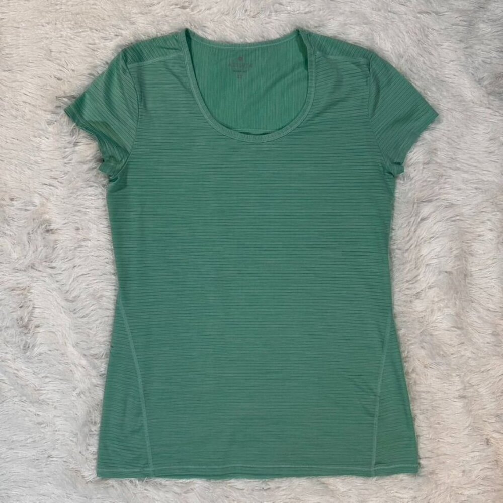 Athleta Shadow Stripe Chi Short Sleeve Sz SP In Teal/Green